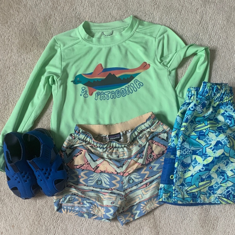 Patagonia Kids Rashguard and swim shorts. Plus bonus